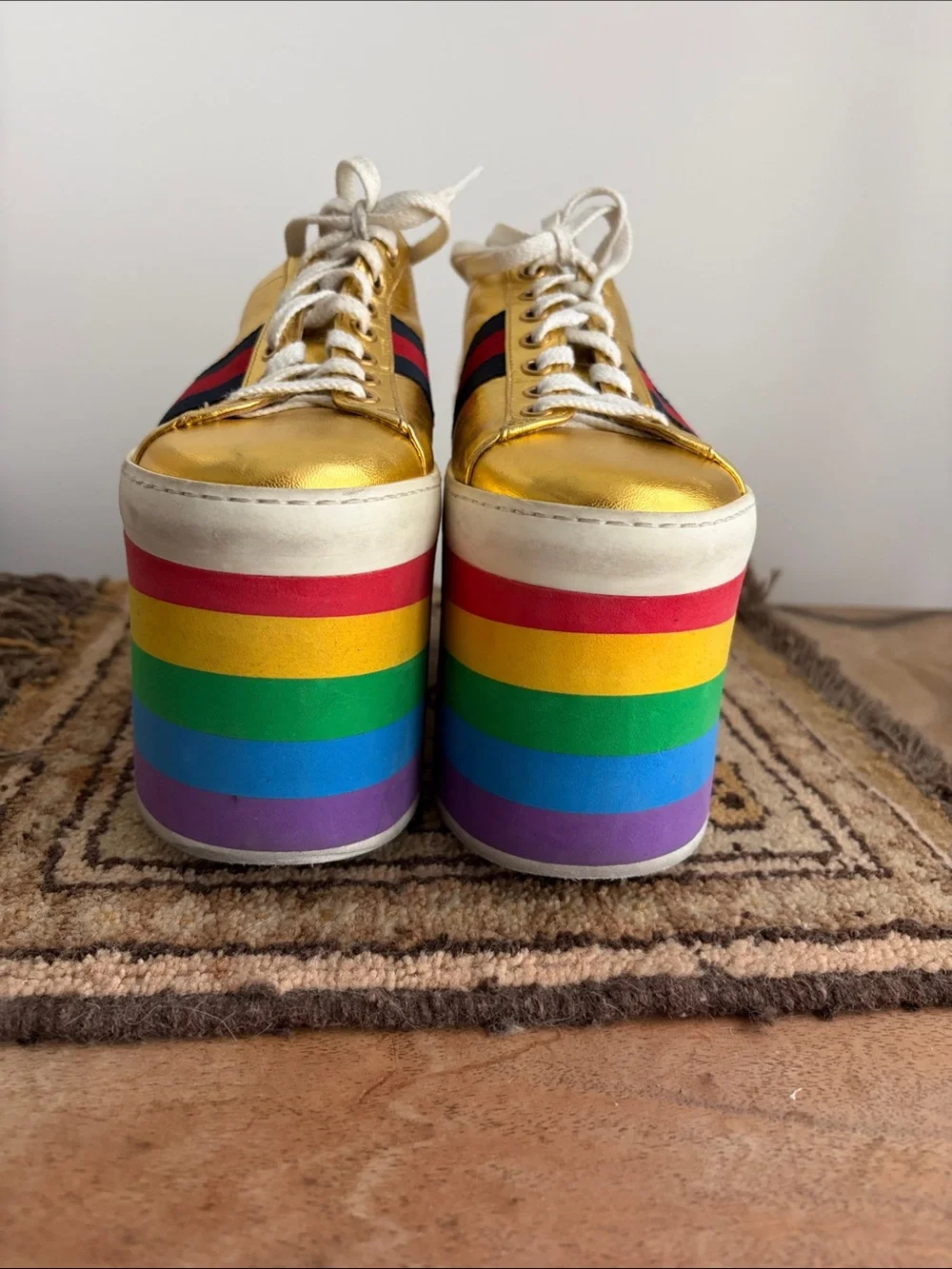 Gucci- PEGGY Gold Rainbow Platform Sneakers - Women's  Lace-Up sz 36 - DAMAGED